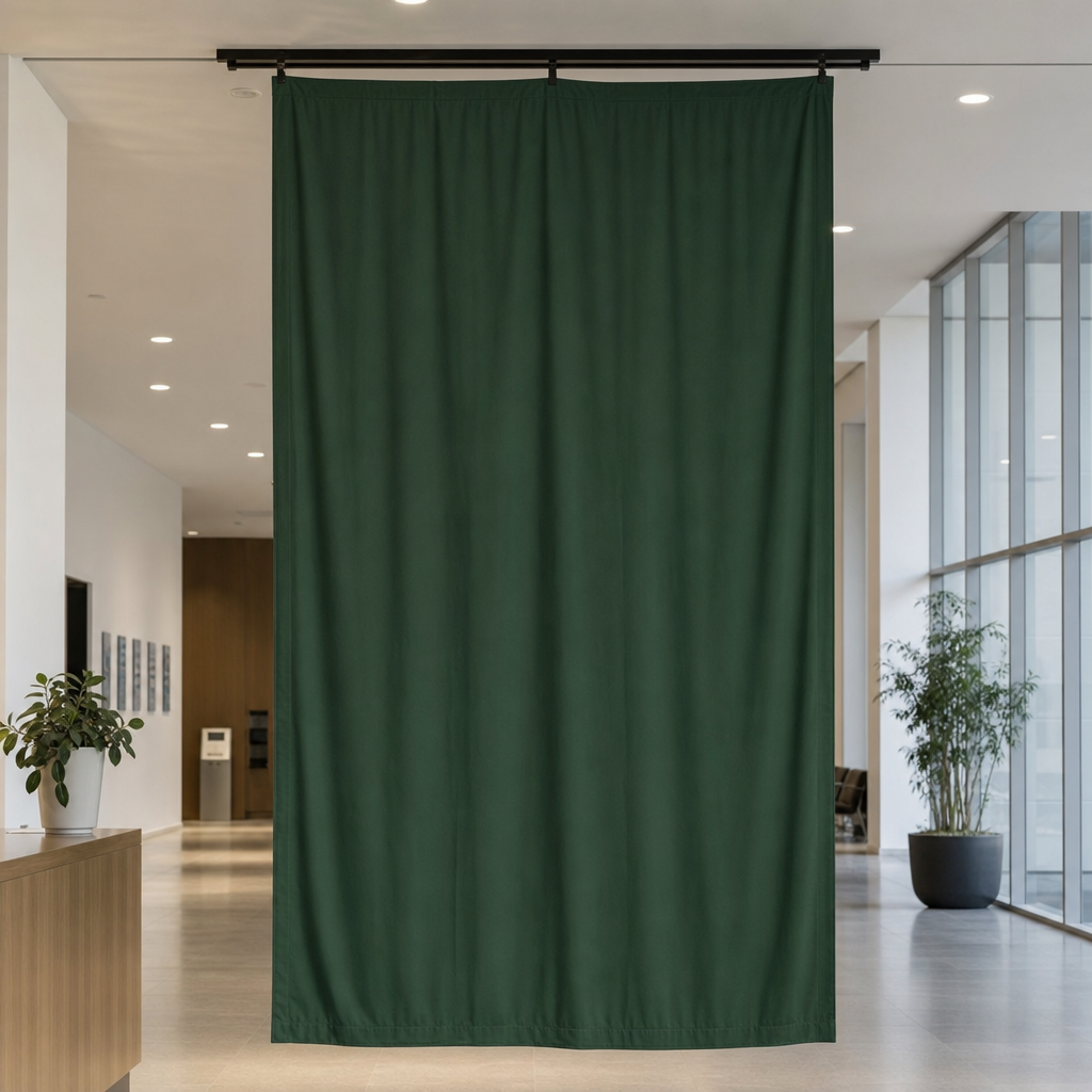 A soft fabric banner hanging in folds in a lit interior, showing a matte non-reflective surface