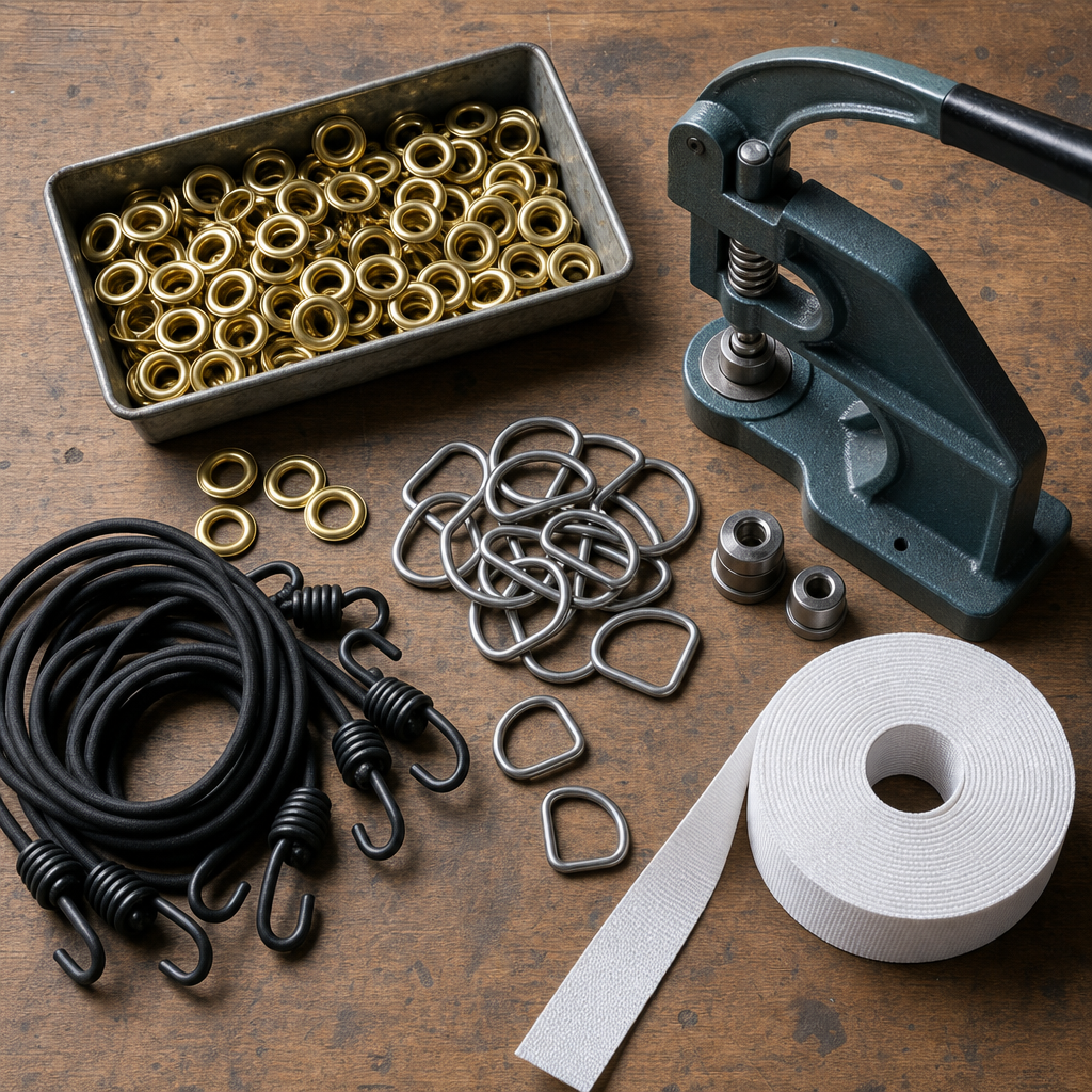 A workbench laid out with brass grommets, D-rings, bungee cords and a grommet press