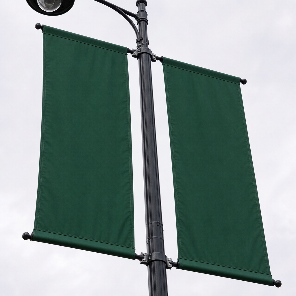 A pair of vertical banners mounted on brackets on a street light pole against the sky