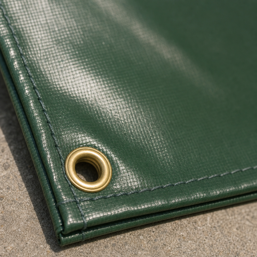 A hemmed vinyl banner corner showing a reinforced hem and a brass grommet